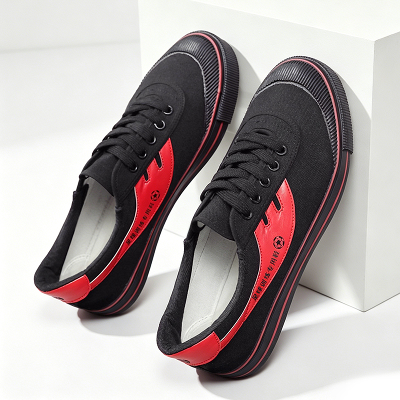 SXCHEN Men's Soccer Training Shoes –  Black Durable Canvas,  With Red Accents, Padded Collar, Flexible Traction Sole, Ideal For Street Fashion & Soccer Training