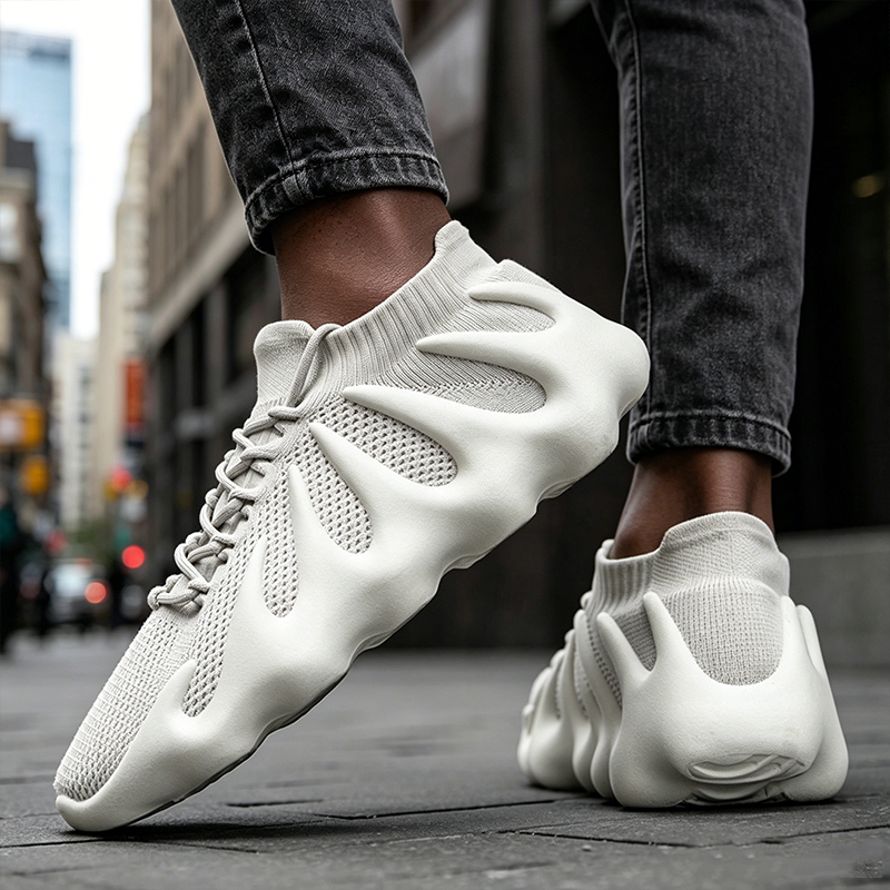 SXCHEN Sneakers Men Outdoor Running Polyester Fiber Breathable Comfortable Shock Absorption Trendy Athletic Walking Trainers Professional Sport Shoes Soft Sole Non-slip Fashion Footwear - White
