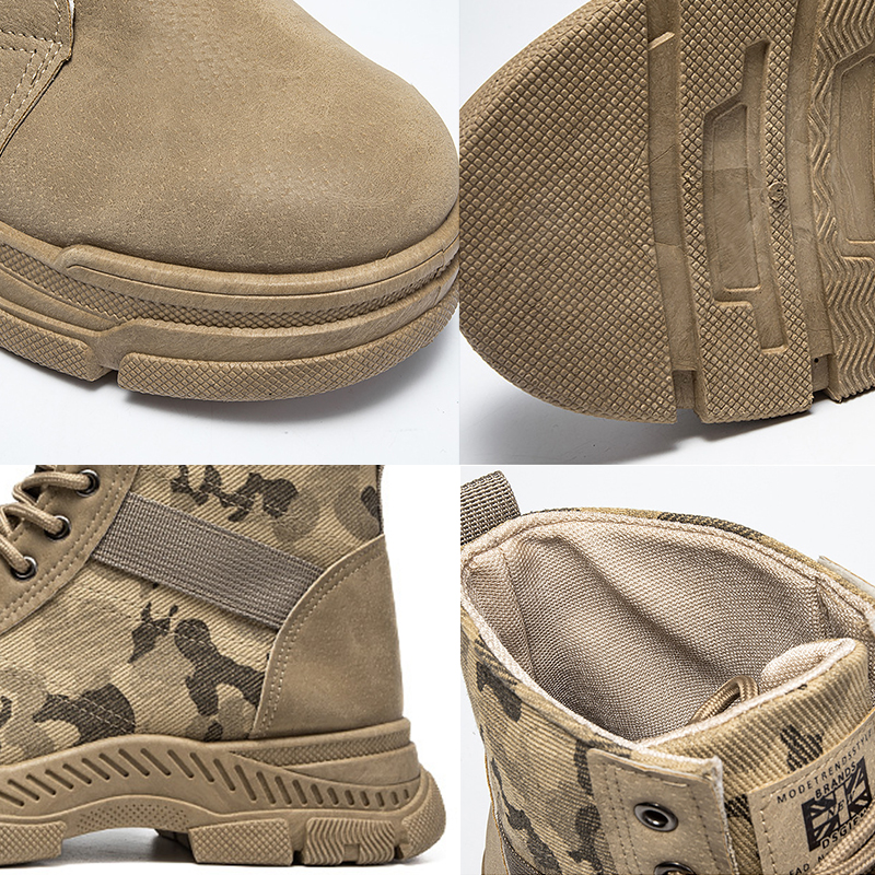 SXCHEN Men's Tactical Work Shoes, Khaki Camouflage Mid-Calf Boots For Trekking & Daily Wear, Sturdy Faux Suede & Canvas, Shock-Absorbing Platform Sole, Secure Lace-Up, Breathable Lining, All Sizes
