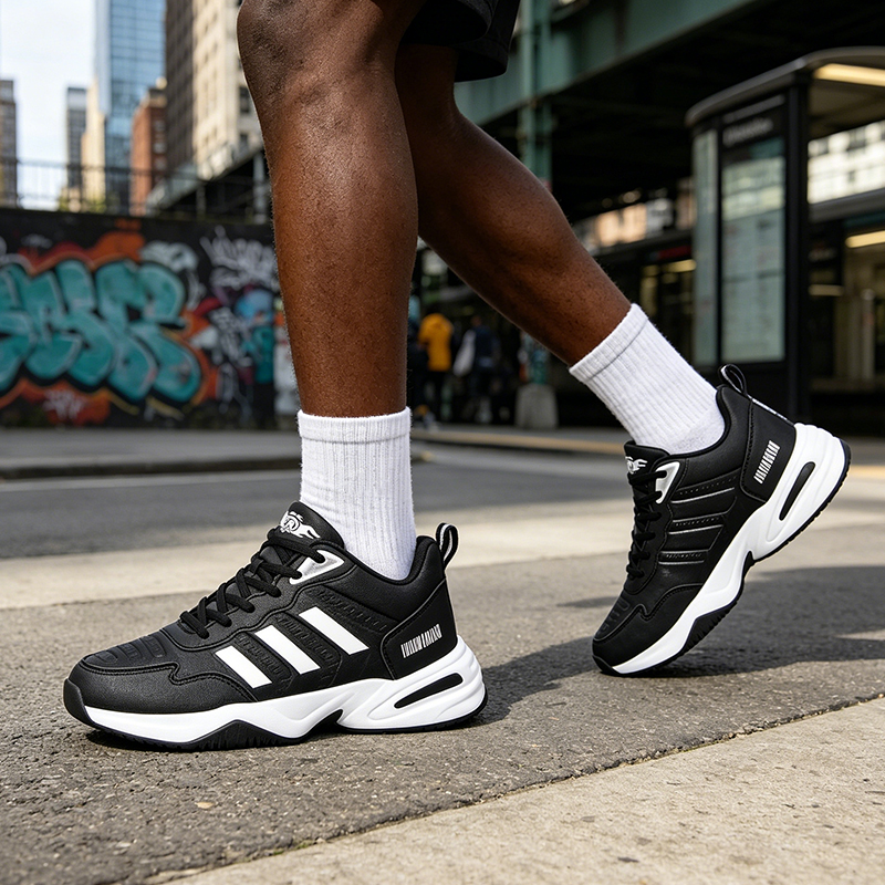 SXCHEN Men's Performance Sneaker Shoes – Black With Contrast White Sole, Shock-Absorbing Heel Support, Non-Slip Traction Sole, Ideal For Running, Training & All-Day Comfort, All Sizes Available