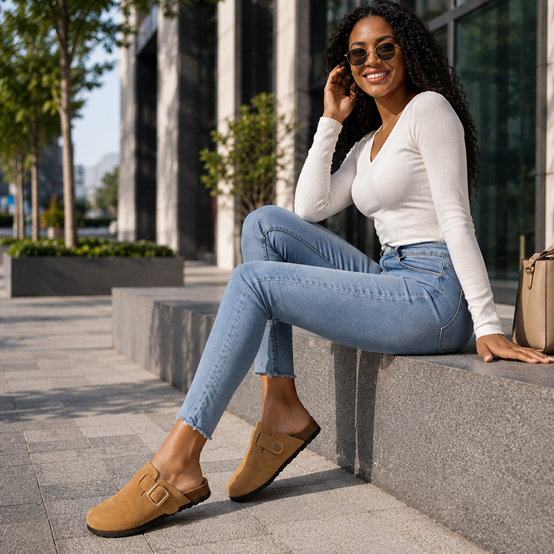 SXCHEN Women's Comfortable Wooden Clogs – Tan With Soft Padded Insole, Non-Slip Traction Sole, Ideal For Lounging, Shopping & All-Day Wear, All Sizes Available