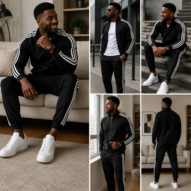 SXCHEN Men's Athletic Tracksuit, Black Striped Two-Piece Outfit For Gym & Daily Wear, Soft Quick-Dry Polyester, Full-Zip Jacket with Side Pockets, Elastic Drawstring Pants, Lightweight & Comfortable,