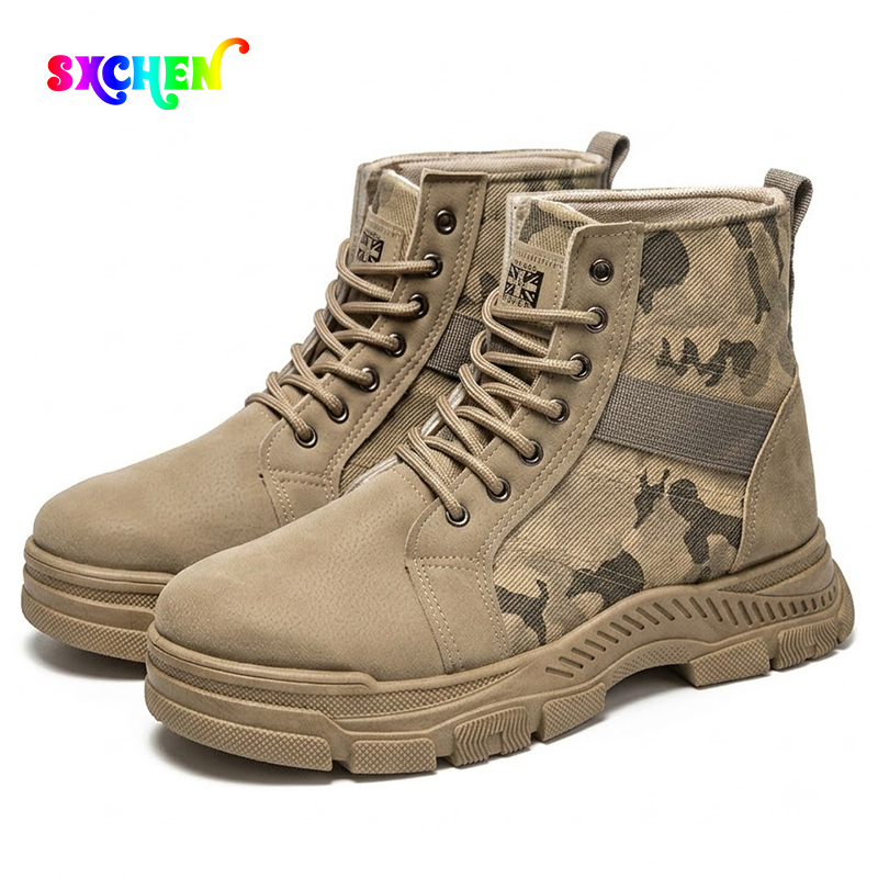 SXCHEN Men's Tactical Work Shoes, Khaki Camouflage Mid-Calf Boots For Trekking & Daily Wear, Sturdy Faux Suede & Canvas, Shock-Absorbing Platform Sole, Secure Lace-Up, Breathable Lining, All Sizes