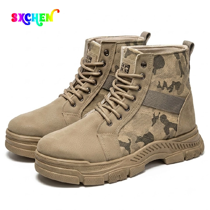 SXCHEN Men's Tactical Work Shoes, Khaki Camouflage Mid-Calf Boots For Trekking & Daily Wear, Sturdy Faux Suede & Canvas, Shock-Absorbing Platform Sole, Secure Lace-Up, Breathable Lining, All Sizes