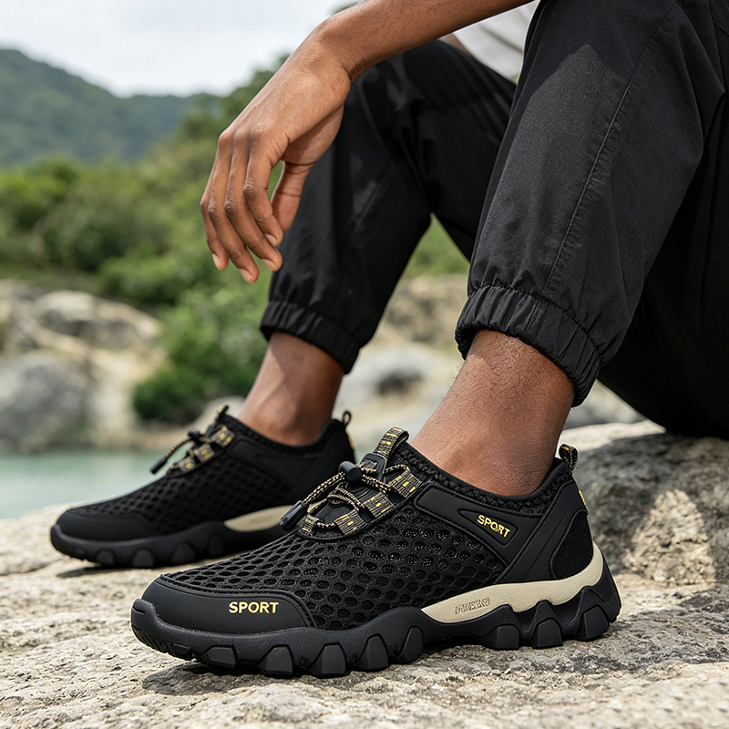 SXCHEN Men's Breathable Hiking Shoes – Black Mesh Upper,Quick-Dry Lining,  Quick-Lock Drawstring Closure, Non-Slip Rugged Sole, Perfect For Outdoor Trekking & Trail Walking