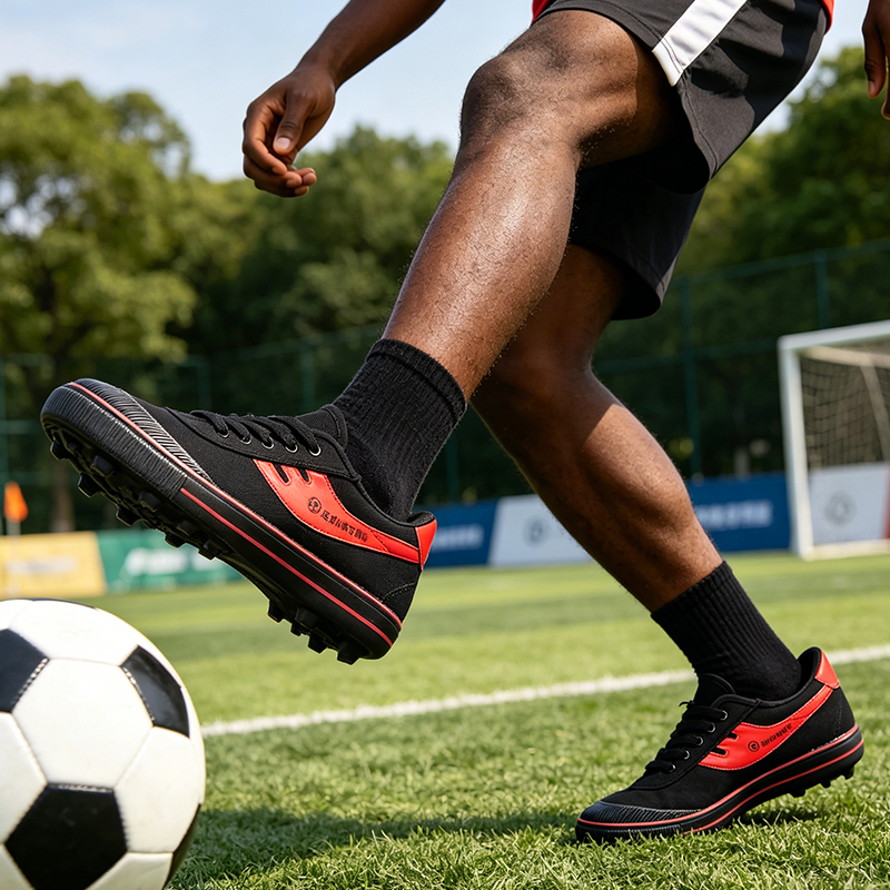 SXCHEN Men's Soccer Training Shoes –  Black Durable Canvas,  With Red Accents, Padded Collar, Flexible Traction Sole, Ideal For Street Fashion & Soccer Training