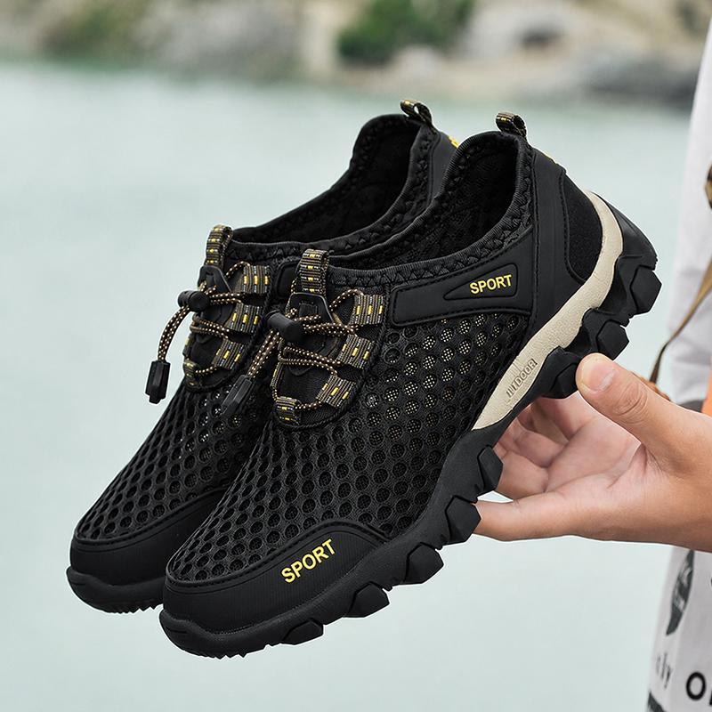 SXCHEN Men's Breathable Hiking Shoes – Black Mesh Upper,Quick-Dry Lining,  Quick-Lock Drawstring Closure, Non-Slip Rugged Sole, Perfect For Outdoor Trekking & Trail Walking