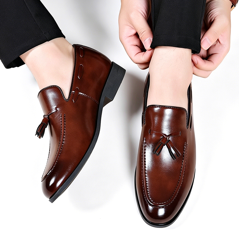 SXCHEN Men's Classic Dress Shoes – Brown Smooth Leather Upper, Padded Insole, Lightweight Construction, Easy Slip-On Fit,Non-Slip Rubber Sole, Ideal For Office Wear & Wedding Occasions
