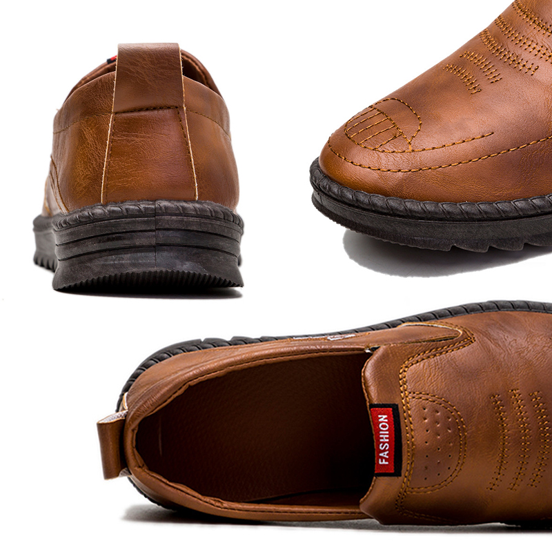 SXCHEN Men's Comfort Slip-On Shoes, Brown Faux Leather Loafers for Daily Wear & Driving, Breathable Lining, Anti-Slip Tread Sole, Easy Slip-On Entry, Padded Insole, Wear-Resistant Outsole,