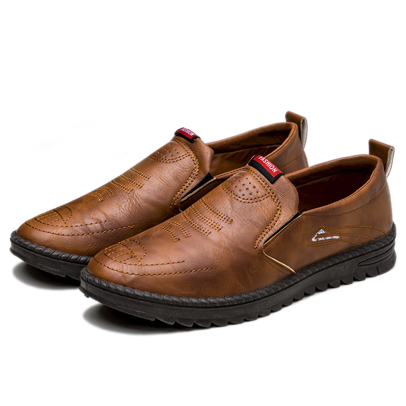 SXCHEN Men's Comfort Slip-On Shoes, Brown Faux Leather Loafers for Daily Wear & Driving, Breathable Lining, Anti-Slip Tread Sole, Easy Slip-On Entry, Padded Insole, Wear-Resistant Outsole,