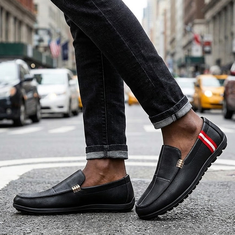 SXCHEN Men's Fashion Loafer Shoes-Black With Contrast Striped Trim,Lightweight Construction, Anti-Skid Traction Sole,Perfect For Business Casual & Daily Commute Men Non-Slip Sole Soft Lining Stitching