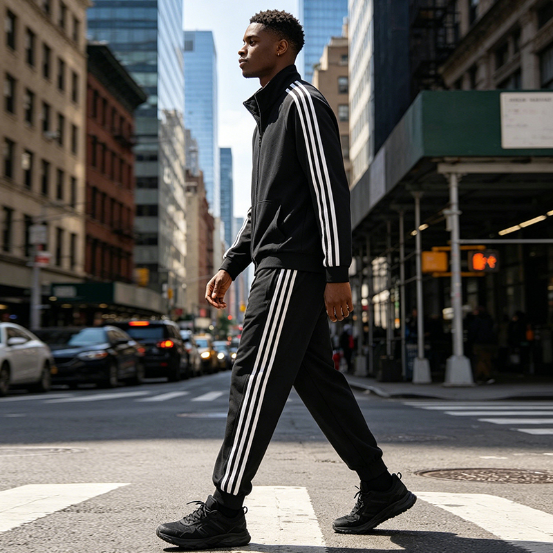SXCHEN Men's Athletic Tracksuit, Black Striped Two-Piece Outfit For Gym & Daily Wear, Soft Quick-Dry Polyester, Full-Zip Jacket with Side Pockets, Elastic Drawstring Pants, Lightweight & Comfortable,