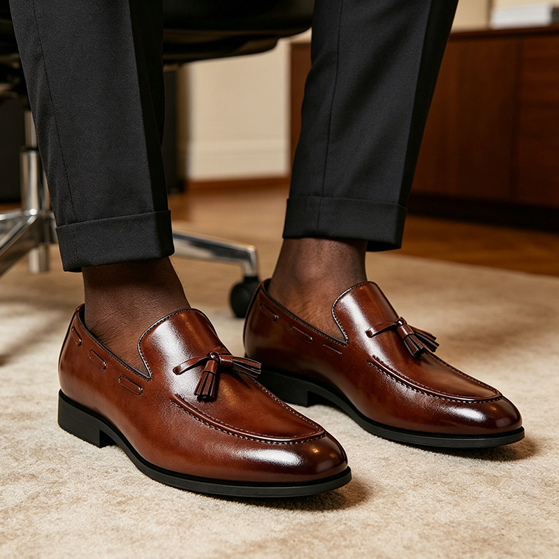 SXCHEN Men's Classic Dress Shoes – Brown Smooth Leather Upper, Padded Insole, Lightweight Construction, Easy Slip-On Fit,Non-Slip Rubber Sole, Ideal For Office Wear & Wedding Occasions