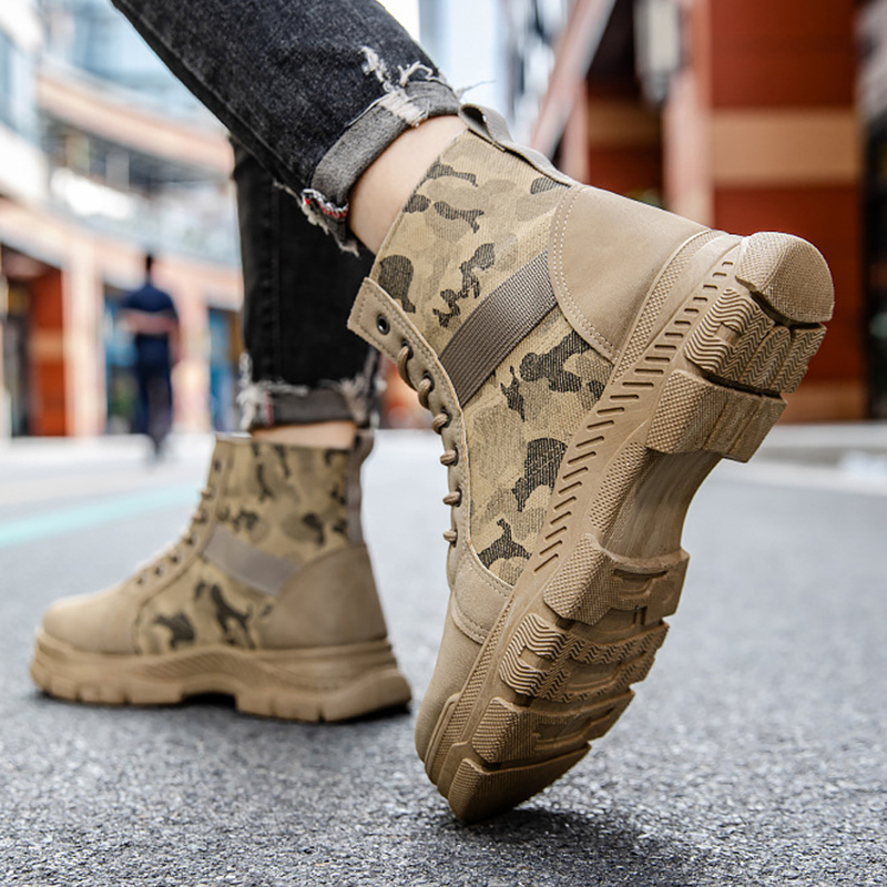 SXCHEN Men's Tactical Work Shoes, Khaki Camouflage Mid-Calf Boots For Trekking & Daily Wear, Sturdy Faux Suede & Canvas, Shock-Absorbing Platform Sole, Secure Lace-Up, Breathable Lining, All Sizes