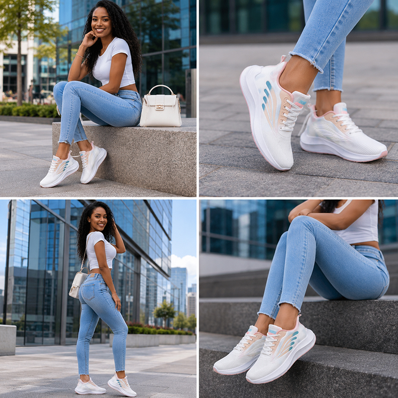 SXCHEN Women's Lightweight Running Shoes – White With Pink & Blue Gradient Accents, Breathable Mesh Upper, Cushioned Midsole, Perfect For Jogging & Daily Casual Wear, All Sizes Available