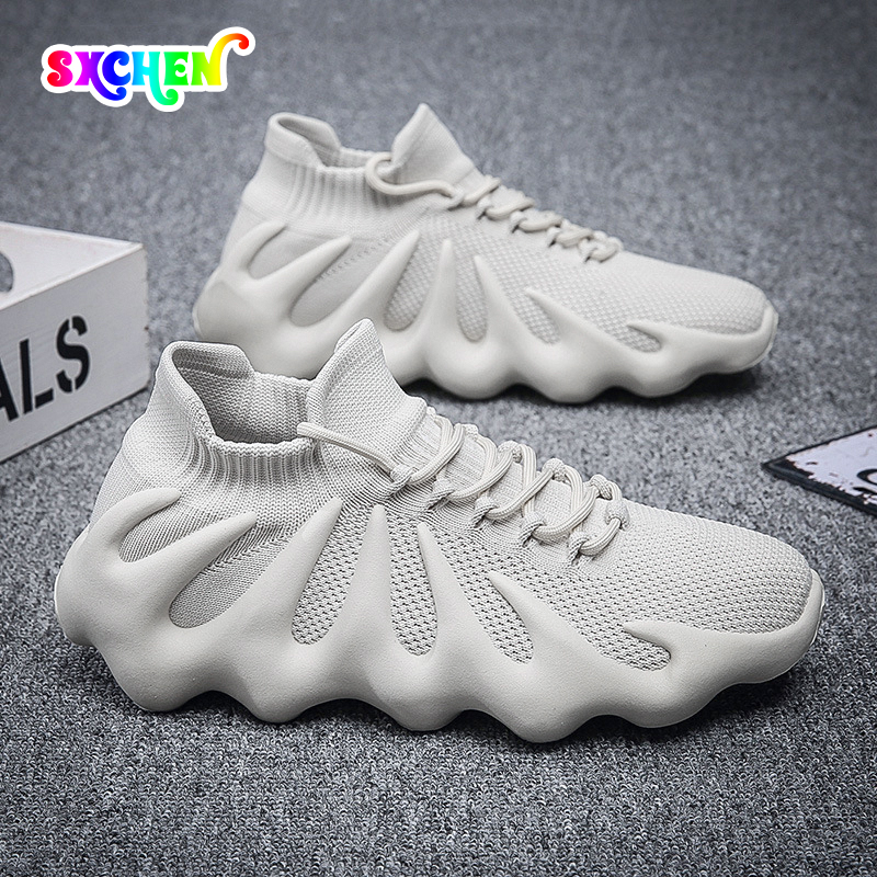 SXCHEN Sneakers Men Outdoor Running Polyester Fiber Breathable Comfortable Shock Absorption Trendy Athletic Walking Trainers Professional Sport Shoes Soft Sole Non-slip Fashion Footwear - White
