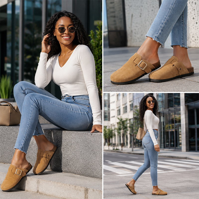 SXCHEN Women's Comfortable Wooden Clogs – Tan With Soft Padded Insole, Non-Slip Traction Sole, Ideal For Lounging, Shopping & All-Day Wear, All Sizes Available