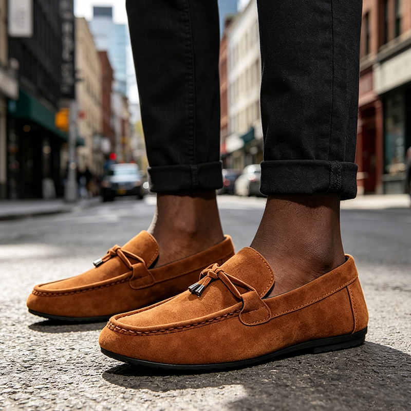 SXCHEN Men's Suede Driving Shoes – Brown Classic Loafer Style, Tassel Accent, Soft Synthetic Suede Upper, Comfortable Insole, Perfect For Casual Daily & Driving, All Sizes Available