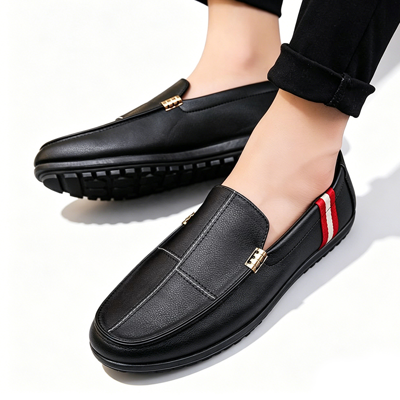 SXCHEN Men's Fashion Loafer Shoes-Black With Contrast Striped Trim,Lightweight Construction, Anti-Skid Traction Sole,Perfect For Business Casual & Daily Commute Men Non-Slip Sole Soft Lining Stitching