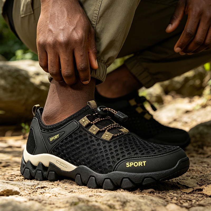 SXCHEN Men's Breathable Hiking Shoes – Black Mesh Upper,Quick-Dry Lining,  Quick-Lock Drawstring Closure, Non-Slip Rugged Sole, Perfect For Outdoor Trekking & Trail Walking