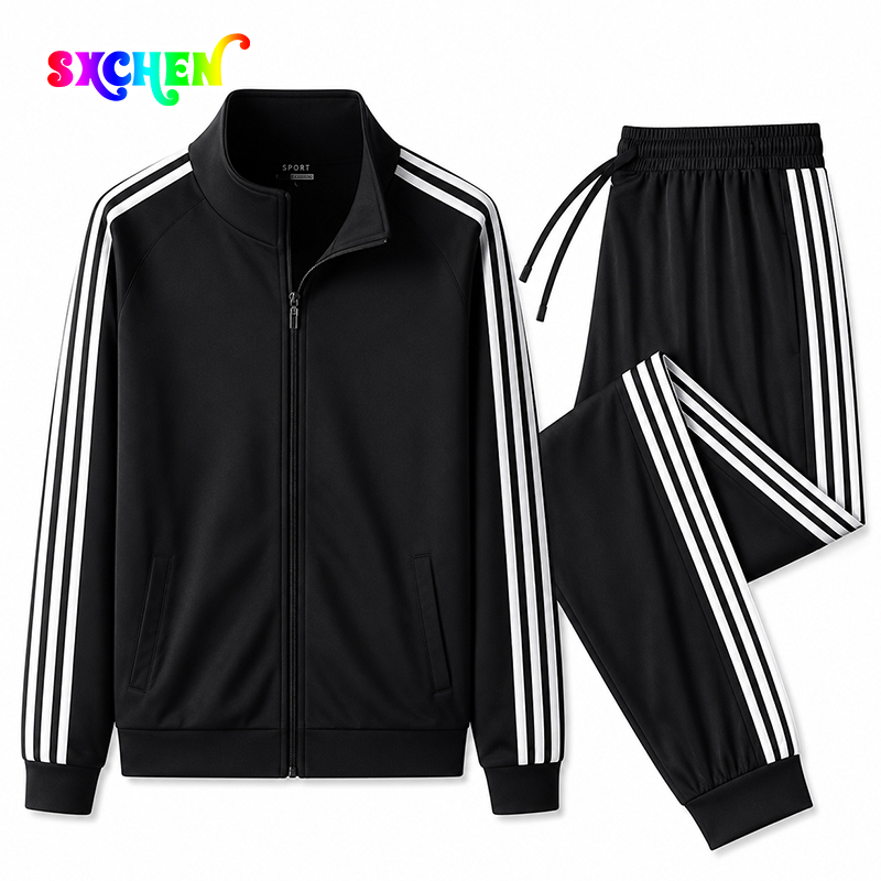 SXCHEN Men's Athletic Tracksuit, Black Striped Two-Piece Outfit For Gym & Daily Wear, Soft Quick-Dry Polyester, Full-Zip Jacket with Side Pockets, Elastic Drawstring Pants, Lightweight & Comfortable,