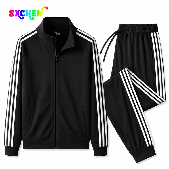 SXCHEN Men's Athletic Tracksuit, Black Striped Two-Piece Outfit For Gym & Daily Wear, Soft Quick-Dry Polyester, Full-Zip Jacket with Side Pockets, Elastic Drawstring Pants, Lightweight & Comfortable,