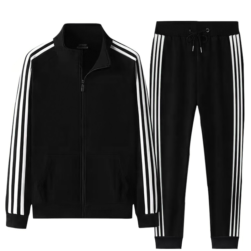SXCHEN Men's Athletic Tracksuit, Black Striped Two-Piece Outfit For Gym & Daily Wear, Soft Quick-Dry Polyester, Full-Zip Jacket with Side Pockets, Elastic Drawstring Pants, Lightweight & Comfortable,