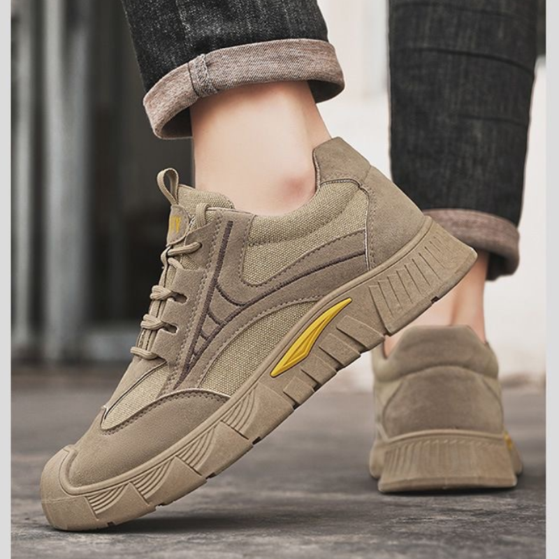 SXCHEN Men's Khaki Suede-Mesh Casual Work Sneakers, Lace-Up Reinforced Toe Shoes With Shock Absorbing Sole, Breathable Lightweight Design, Versatile Construction & Everyday Footwear For Men