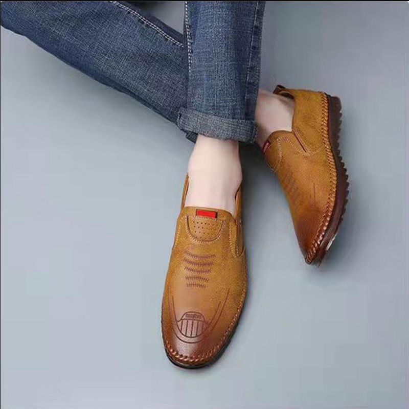 SXCHEN Men's TanArtificial Leather Loafers, Slip-On Casual Driving Shoes With Perforated Vamp and Cushioned Flexible Sole, Multiple Sizes, Office & Daily Walking Footwear For Men
