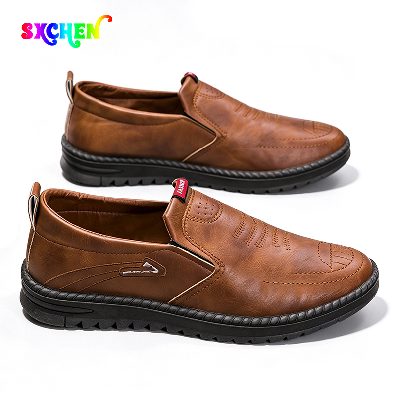 SXCHEN Men's Comfort Slip-On Shoes, Brown Faux Leather Loafers for Daily Wear & Driving, Breathable Lining, Anti-Slip Tread Sole, Easy Slip-On Entry, Padded Insole, Wear-Resistant Outsole,