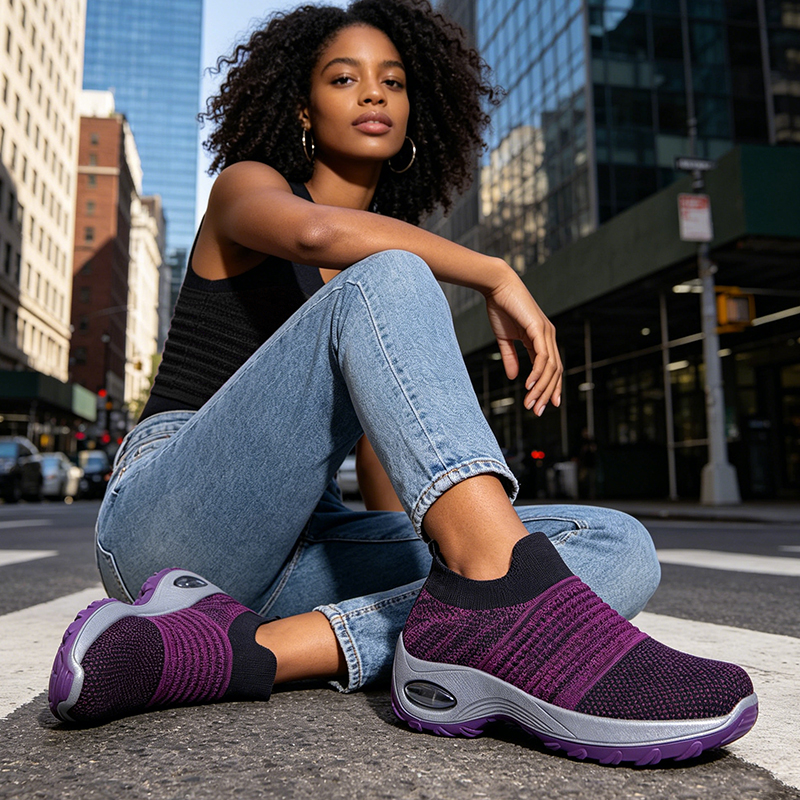 SXCHEN Women's Platform Wedge Shoes, Purple Gradient Sock Sneakers For Walking & Travel, Stretch Knit Fabric, Air Cushion Heel For Shock Absorption, Lightweight Design, Padded Insole, All Sizes