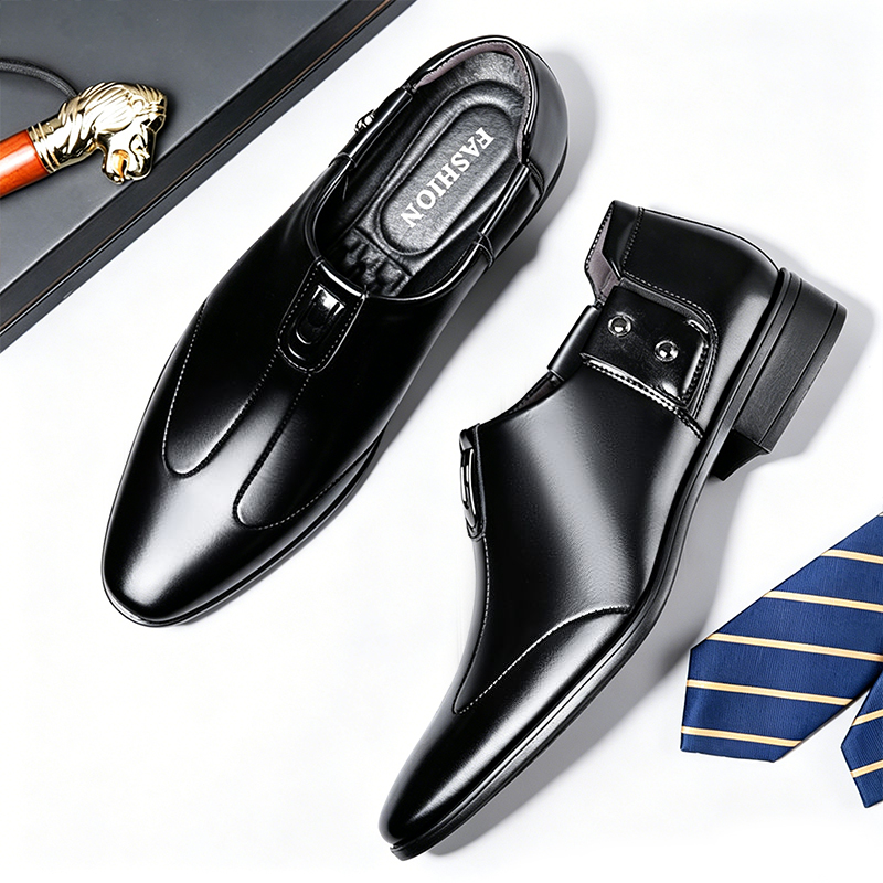 SXCHEN Men's Classic Oxford Shoes – Black Premium Leather Upper, Padded Insole, Non-Slip Rubber Sole,Decorative Metal Buckle, Pointed Toe Silhouette,Lightweight Construction, Suitable For Date Nights