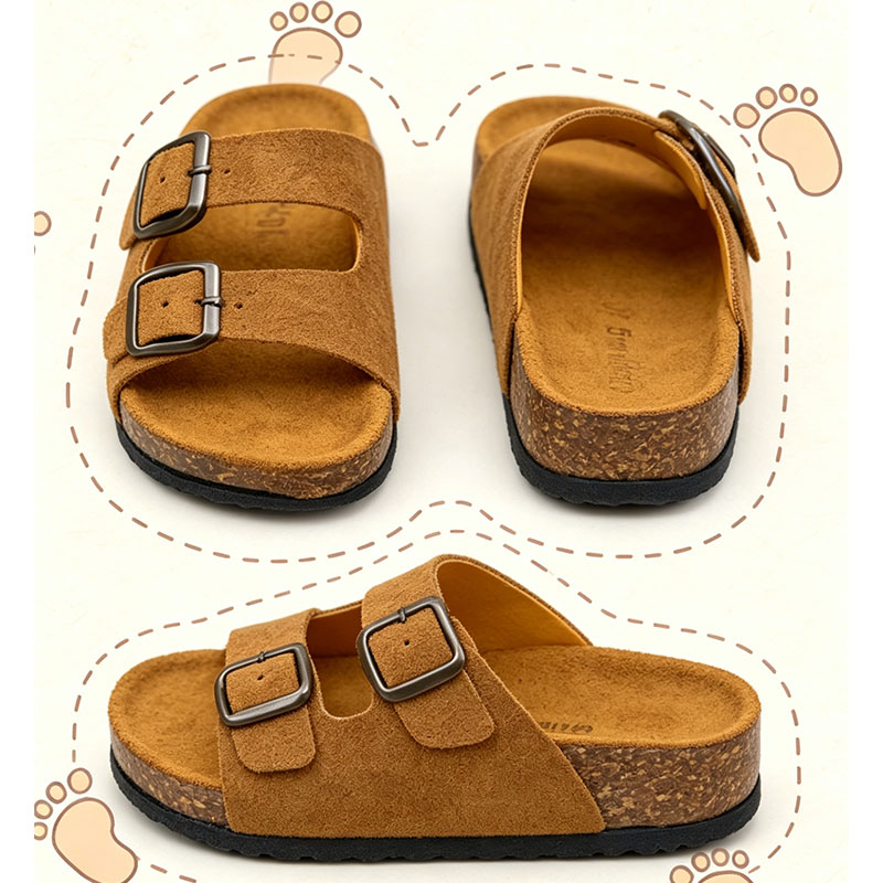 SXCHEN Kids' Brown Suede Double Buckle Sandals, Two Adjustable Straps Slip-On Slides With Soft Cork Footbed, Lightweight Non-Slip Sole, All Sizes, Versatile Home & Playground Footwear For Children