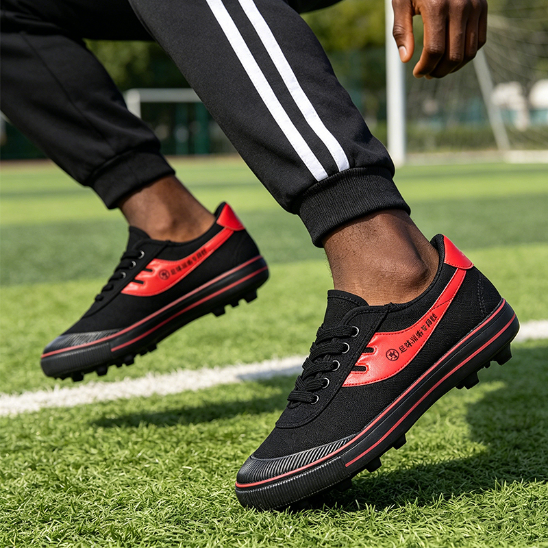 SXCHEN Men's Soccer Training Shoes –  Black Durable Canvas,  With Red Accents, Padded Collar, Flexible Traction Sole, Ideal For Street Fashion & Soccer Training