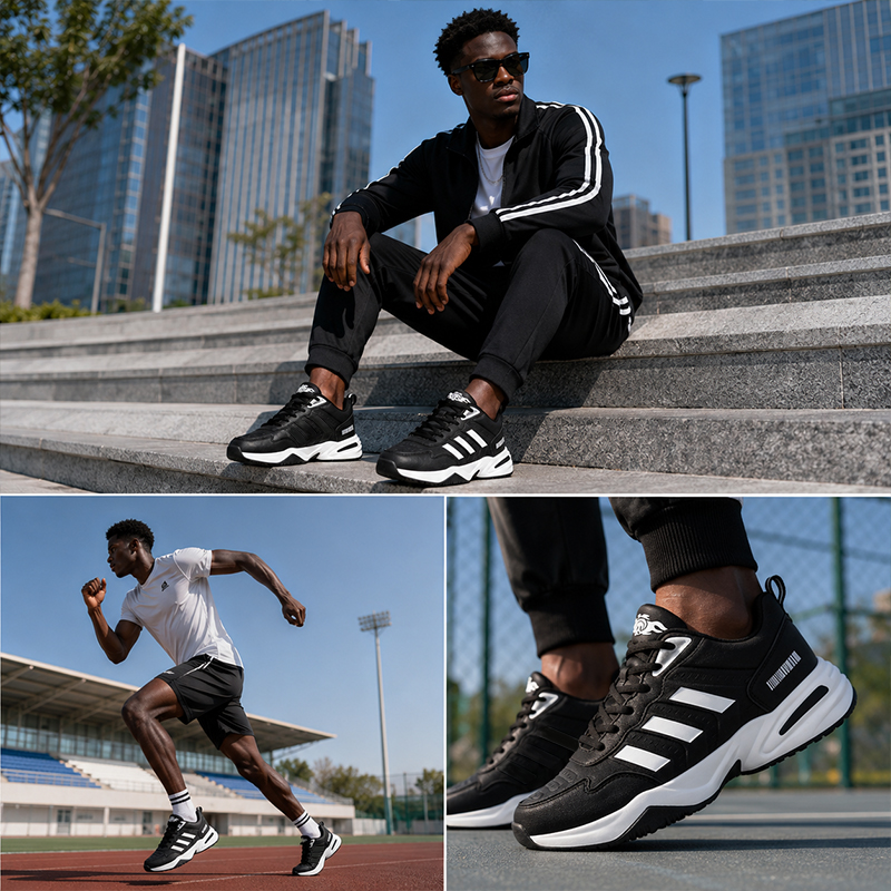 SXCHEN Men's Performance Sneaker Shoes – Black With Contrast White Sole, Shock-Absorbing Heel Support, Non-Slip Traction Sole, Ideal For Running, Training & All-Day Comfort, All Sizes Available