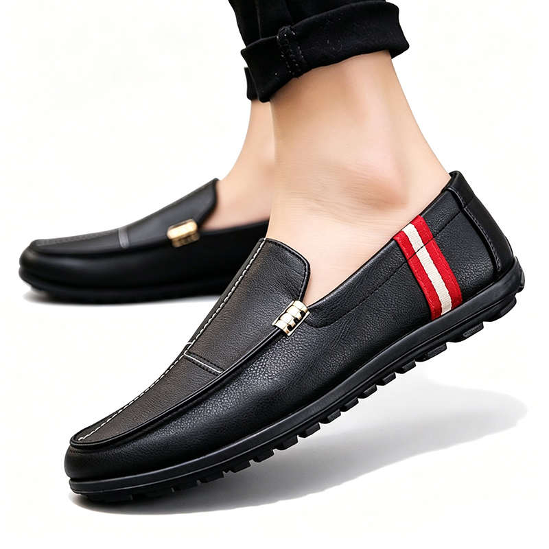 SXCHEN Men's Fashion Loafer Shoes-Black With Contrast Striped Trim,Lightweight Construction, Anti-Skid Traction Sole,Perfect For Business Casual & Daily Commute Men Non-Slip Sole Soft Lining Stitching