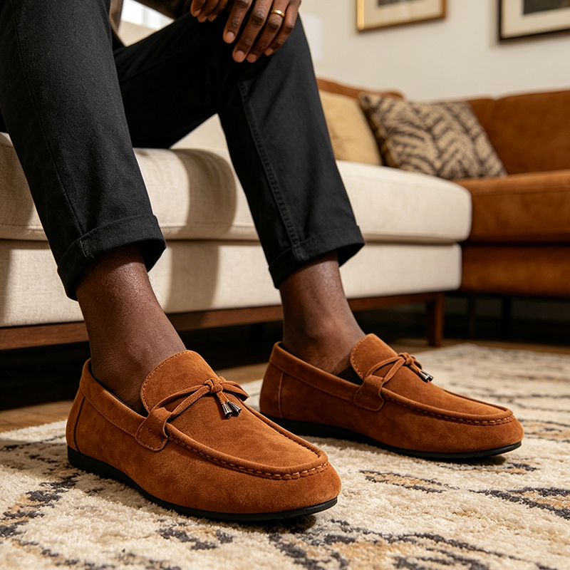 SXCHEN Men's Suede Driving Shoes – Brown Classic Loafer Style, Tassel Accent, Soft Synthetic Suede Upper, Comfortable Insole, Perfect For Casual Daily & Driving, All Sizes Available