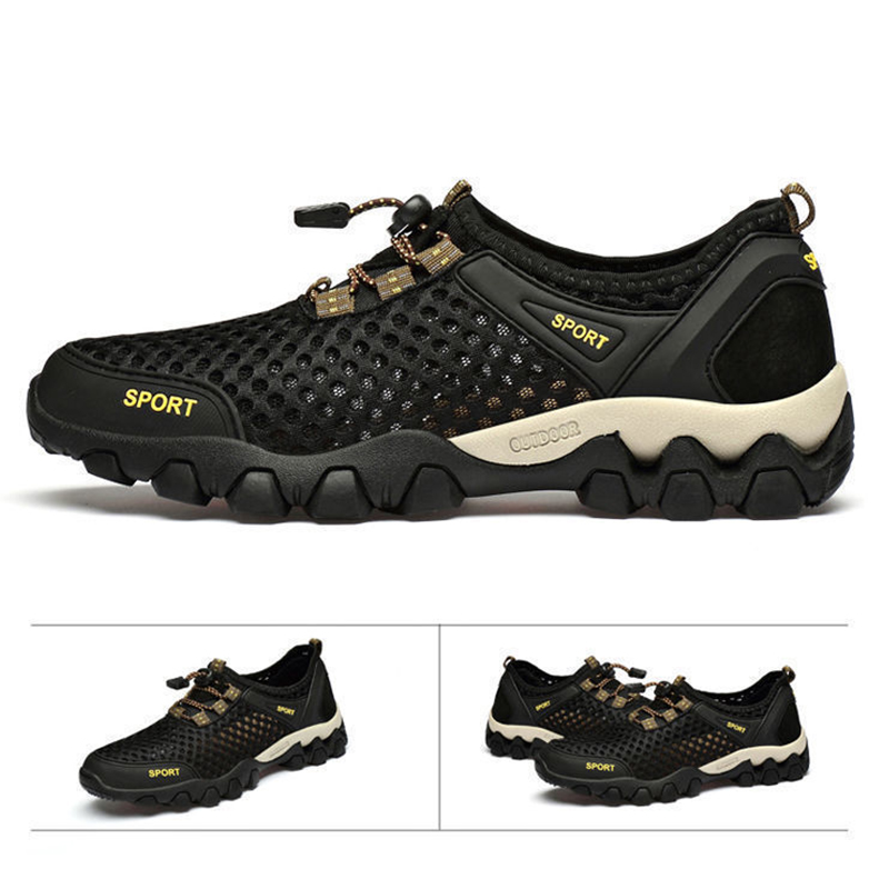 SXCHEN Men's Breathable Hiking Shoes – Black Mesh Upper,Quick-Dry Lining,  Quick-Lock Drawstring Closure, Non-Slip Rugged Sole, Perfect For Outdoor Trekking & Trail Walking