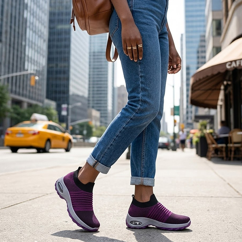 SXCHEN Women's Platform Wedge Shoes, Purple Gradient Sock Sneakers For Walking & Travel, Stretch Knit Fabric, Air Cushion Heel For Shock Absorption, Lightweight Design, Padded Insole, All Sizes