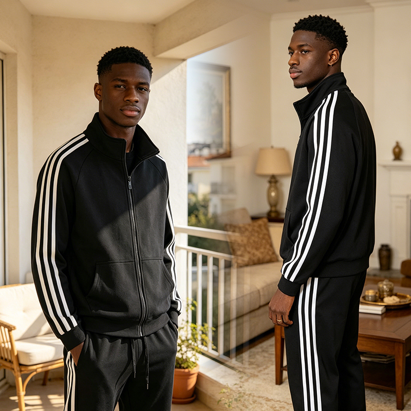 SXCHEN Men's Athletic Tracksuit, Black Striped Two-Piece Outfit For Gym & Daily Wear, Soft Quick-Dry Polyester, Full-Zip Jacket with Side Pockets, Elastic Drawstring Pants, Lightweight & Comfortable,