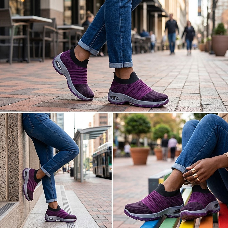 SXCHEN Women's Platform Wedge Shoes, Purple Gradient Sock Sneakers For Walking & Travel, Stretch Knit Fabric, Air Cushion Heel For Shock Absorption, Lightweight Design, Padded Insole, All Sizes