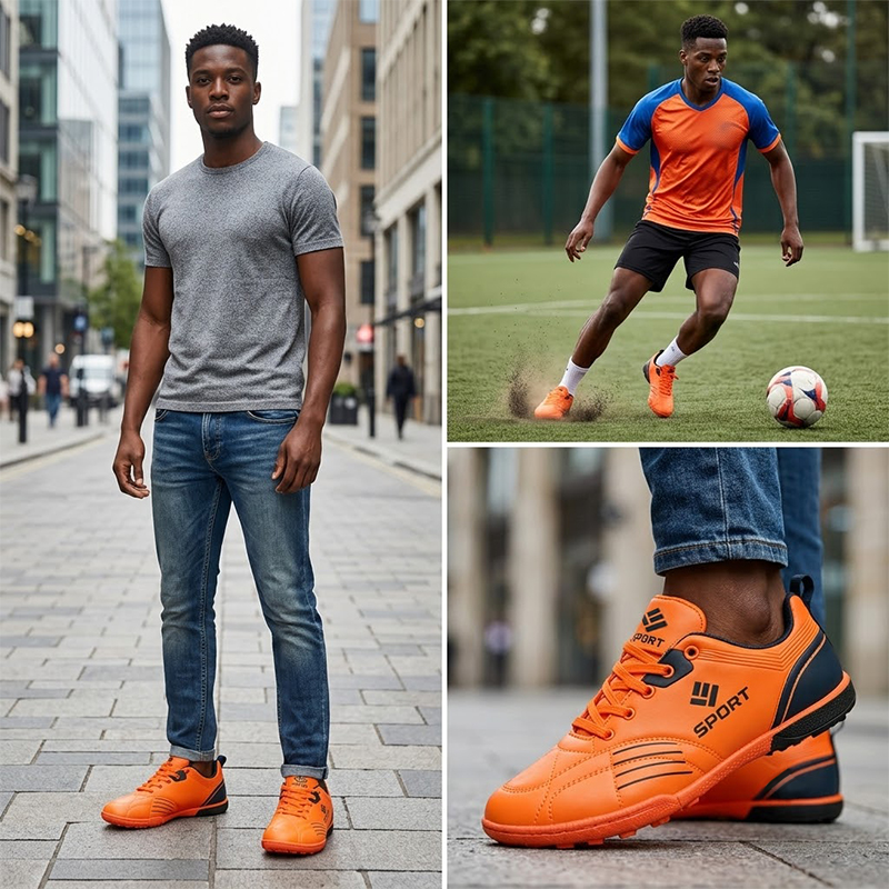SXCHEN Men's Youth Soccer Cleat Shoes, Orange High-Performance Football Boots For Training & Matches, Lightweight Synthetic Material, Non-Slip Traction Sole, Lace-Up Design, Padded Footbed