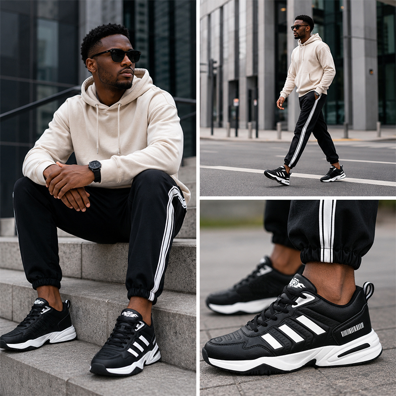SXCHEN Men's Performance Sneaker Shoes – Black With Contrast White Sole, Shock-Absorbing Heel Support, Non-Slip Traction Sole, Ideal For Running, Training & All-Day Comfort, All Sizes Available