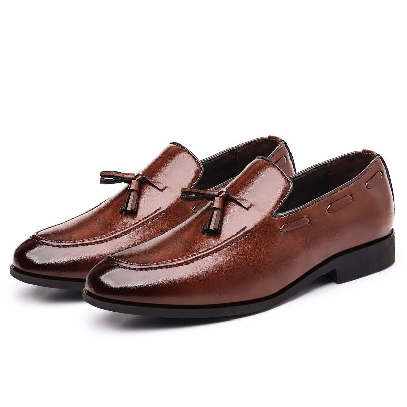 SXCHEN Men's Classic Dress Shoes – Brown Smooth Leather Upper, Padded Insole, Lightweight Construction, Easy Slip-On Fit,Non-Slip Rubber Sole, Ideal For Office Wear & Wedding Occasions