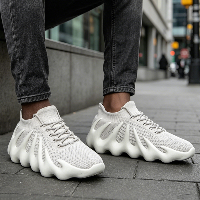 SXCHEN Sneakers Men Outdoor Running Polyester Fiber Breathable Comfortable Shock Absorption Trendy Athletic Walking Trainers Professional Sport Shoes Soft Sole Non-slip Fashion Footwear - White