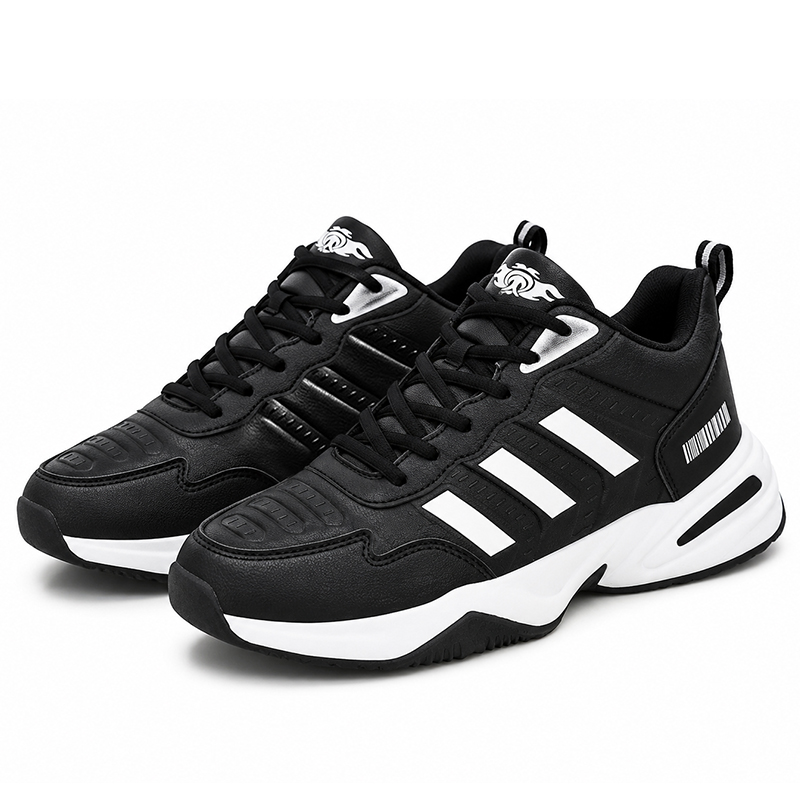 SXCHEN Men's Performance Sneaker Shoes – Black With Contrast White Sole, Shock-Absorbing Heel Support, Non-Slip Traction Sole, Ideal For Running, Training & All-Day Comfort, All Sizes Available