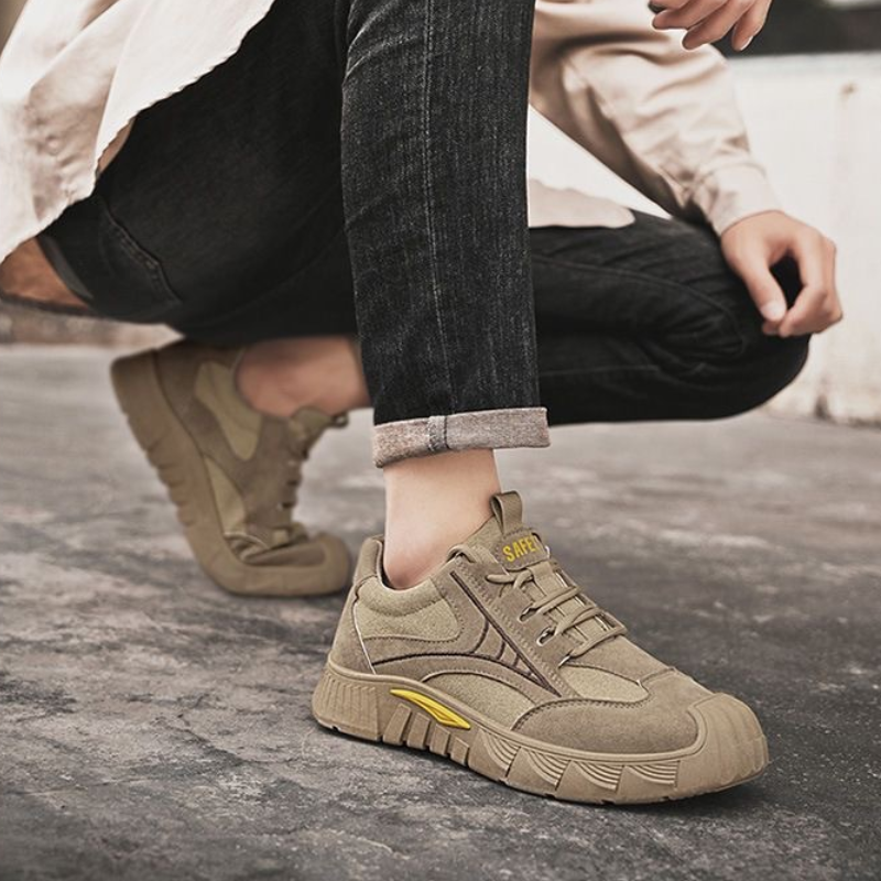 SXCHEN Men's Khaki Suede-Mesh Casual Work Sneakers, Lace-Up Reinforced Toe Shoes With Shock Absorbing Sole, Breathable Lightweight Design, Versatile Construction & Everyday Footwear For Men