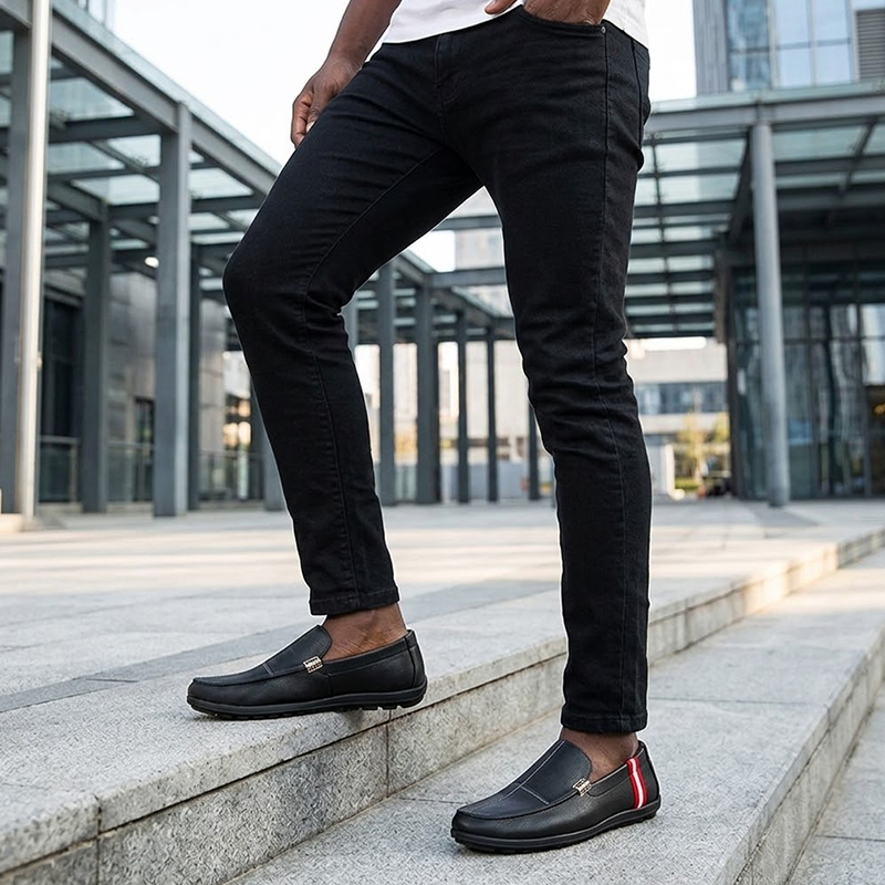 SXCHEN Men's Fashion Loafer Shoes-Black With Contrast Striped Trim,Lightweight Construction, Anti-Skid Traction Sole,Perfect For Business Casual & Daily Commute Men Non-Slip Sole Soft Lining Stitching