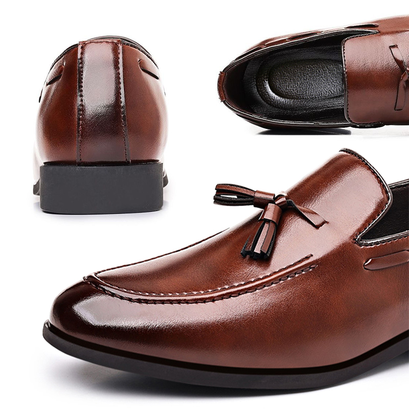 SXCHEN Men's Classic Dress Shoes – Brown Smooth Leather Upper, Padded Insole, Lightweight Construction, Easy Slip-On Fit,Non-Slip Rubber Sole, Ideal For Office Wear & Wedding Occasions