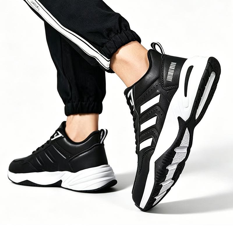 SXCHEN Men's Performance Sneaker Shoes – Black With Contrast White Sole, Shock-Absorbing Heel Support, Non-Slip Traction Sole, Ideal For Running, Training & All-Day Comfort, All Sizes Available
